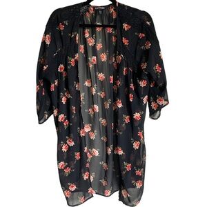 Express Boho Black Floral Lace Trim Sheer Kimono Small